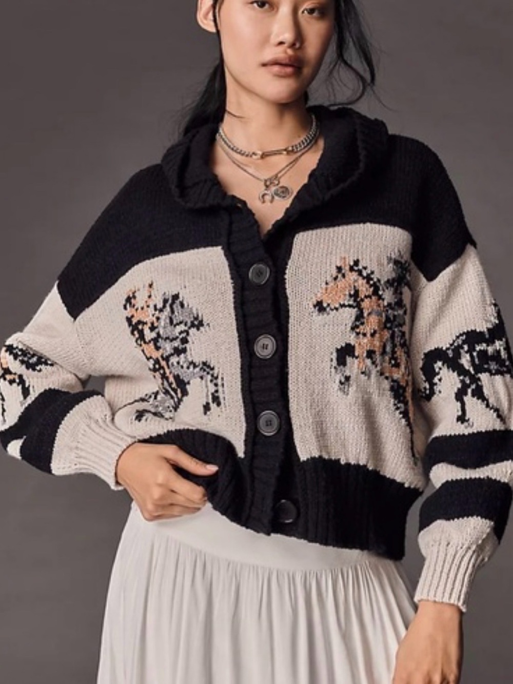 Anthropologie Black and Cream Horse Intarsia Button-Front Cardigan
